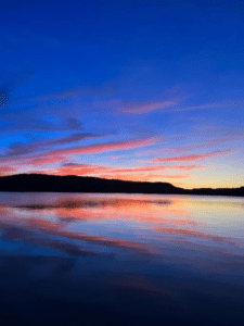 A blue and pink sunset over Percy Lake.